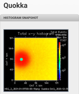 Aesthetic raw data (Shurui Mao): Detector image of the QUOKKA instrument at ANSTO Opal reactor, a small angle neutron scattering beamline, taken on the 00:00 am of 1st of January 2021. Among many neutrons from the challenging 2020, this image must have captured one of the first scattered neutron in the world for 2021.